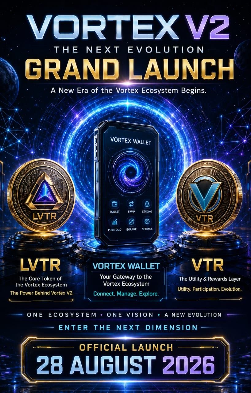 Vortex V2, the next evolution. Grand launch: a new era of the Vortex ecosystem begins. LVTR, the core token of the Vortex ecosystem. Vortex Wallet, your gateway to the Vortex ecosystem. VTR, the utility and rewards layer. Official launch 28 August 2026.